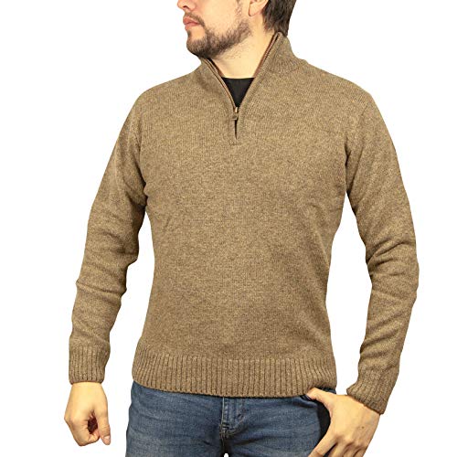 JackSmith Men's 100% Shetland Wool Half Zip Up Pullover Knitted Sweater, Nutmeg (23), Large