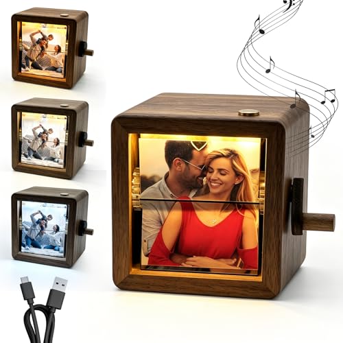 Personalized Hand Crank Flip Photo Album Music Box Custom Engraved Wooden Picture Box with 3-Color LED Light & USB Audio Import Romantic Anniversary Birthday Memory Box Gift for Couples Women Men