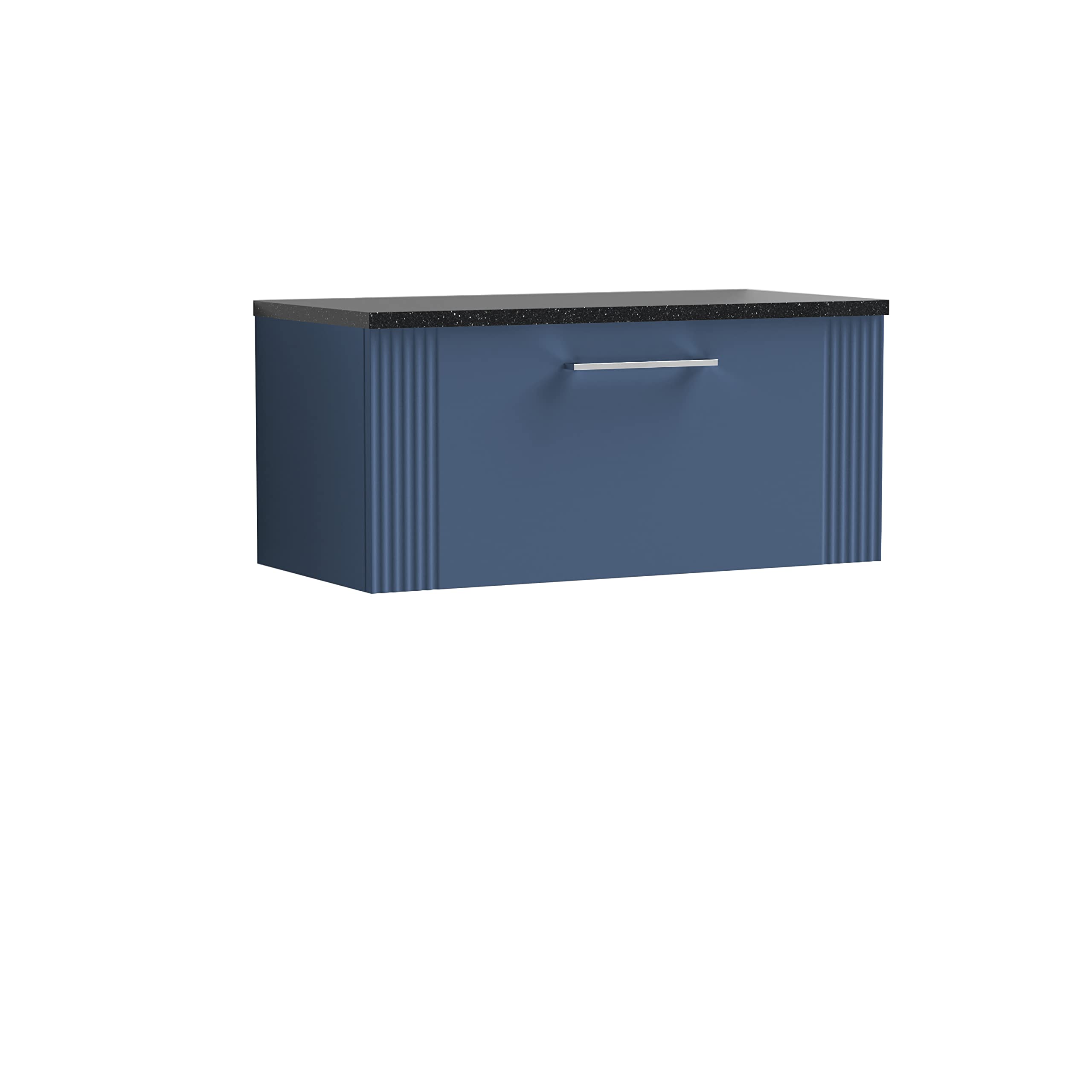 nuie Modern Bathroom Wall Hung 1 Drawer Part Fluted Vanity Basin Unit with Laminate Black Sparkle Worktop, Satin Blue, 800mm
