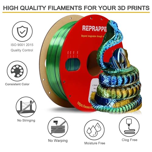 Image of Reprapper Triple Color Filament Coextrusion PLA Filament 1.75mm for 3D Printer, Multicolor Like Dual Color Rainbow PLA, 2.2lbs (1kg), Silk PLA Blue /Green /Gold