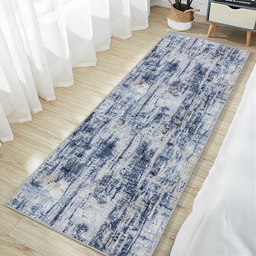 2'6''x8' Runner Rugs Washable Rug: Modern Abstract Hallway Runner Rug Indoor Soft Low Pile Thin Carpet Anti-Skid Non-Shedding Carpets for Kitchen, Entryway, Laundry, Bedroom - Blue Gold