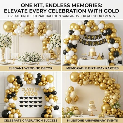 Image of 114pcs Metallic Gold Balloons Arch Kit, 18 12 10 5 inch Chrome Gold Latex Balloons Different Sizes Pack for Graduation Wedding Birthday New Year Party Decorations