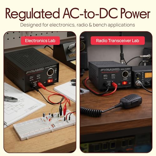Image of Pyramid 7A Bench Power Supply | AC DC 12V DC Power Supply with USB | 13.8V regulated bench power supply with dual USB ports, cigarette lighter socket, and short-circuit protection
