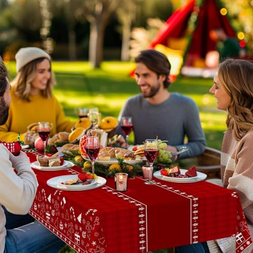 Image of Childom 2 Pack Christmas Tablecloths Disposable,Christmas Decorations,54 x 108 Inch,Plastic Table Cloths for Rectangle Tables,Red Themed Checkered Table Covers for Xmas,Indoor,Outdoor,Birthday,Parties