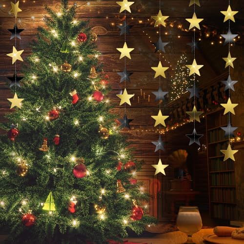 Image of Star Garland, Black Gold Star Garland Banner, 5PCS 66 Feet Double Side Star Hanging Bunting Banner Backdrop Little Star Paper Hanging Decor for Birthday Baby Shower Christmas Party Decorations