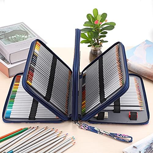 BSTKEY 200 Slots Pencil Holder Pouch Storage Bag, Multifunctional Pencil Wrap Case Organizer with Zipper for Color Pencils Stationery, Rose (Dark Blue)