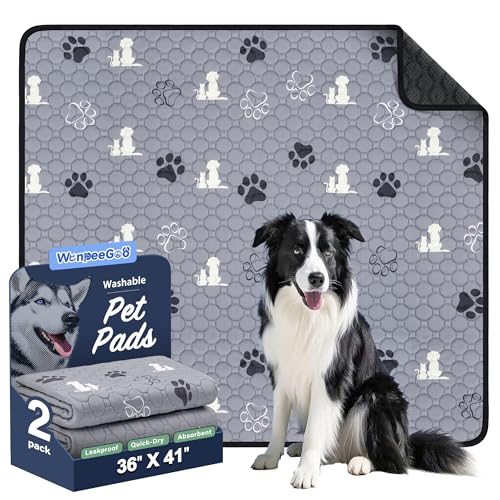 Image of WanpeeGoo Washable Pee Pads for Dogs, 2 Pack Absorbent Reusable Training Dog Pads Pet Puppy Pads, Non-Slip Potty Pads for Whelping, Playpen, Crate, Bed, Grey 36 inchx41 inch