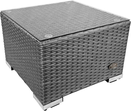 RS Trade® Toscana Polyrattan Rattan Beistelltisch für Sonnenliege – Aluminium-Gestell, Sicherheitsglas-Tischplatte, belastbar bis 90 kg, höhenverstellbare Standfüße; Silber