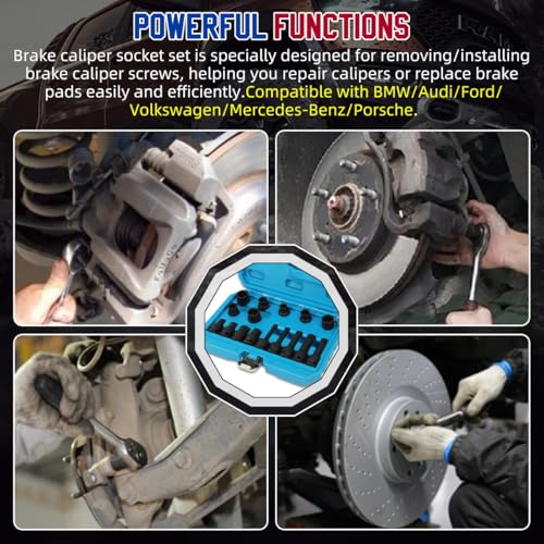 Image of Brake Caliper Socket Set 16 Specifications Brake Caliper Removal Tool Kit High Torque 1 /2 inch Square Drive Socket Wrench Brake Caliper Special Socket Set Compatible with BMW /Audi /Ford /Volkswagen