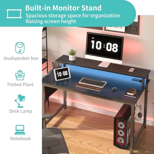 Image of Lufeiya Black Gaming Desk with LED Lights and Power Outlets, 40 Inch Teen Writing Study Table Home Office Desks with Monitor Stand, Computer Desk with Charging Station USB Port, Black