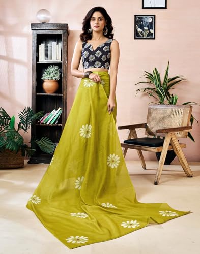 Image of SIRIL Women's Printed Chanderi Cotton One Minute Ready to Wear Saree with Unstitched Blouse Piece