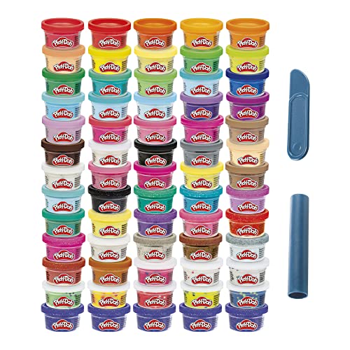 Kolorowa superkolekcja ciastoliny Play-Doh, zestaw 65 małych tub po 28 g nietoksycznej masy plastycznej, zawiera różne rodzaje ciastoliny: szafirową, błyszczącą, konfetti