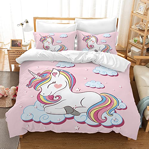 PQCXXA Kinder Einhorn Bettwäsche Mädchen-Bettwäsche Set Rosa 3D Cartoon Einhorn Bunt Blume drucken Bettbezug Set mit Reißverschluss und...