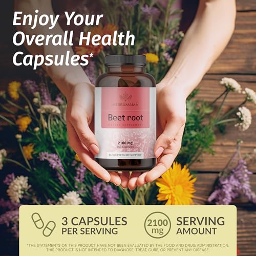 HERBAMAMA Beet Root Powder Capsules - 1200 mg Beets Nitric Oxide Supplements - Beet Root Immune Support Powder Capsules - Vegan, Non-GMO - 250 Caps