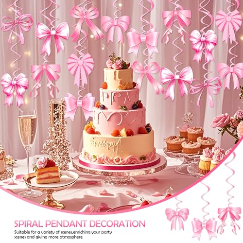 Image of Pink Bow Birthday Decorations, Kaluofan 32PCS Pink Bow Hanging Swirls Set, Bow Party Decorations for Girl Birthday Wedding Valentine's Day Dance Party Favor Supplies