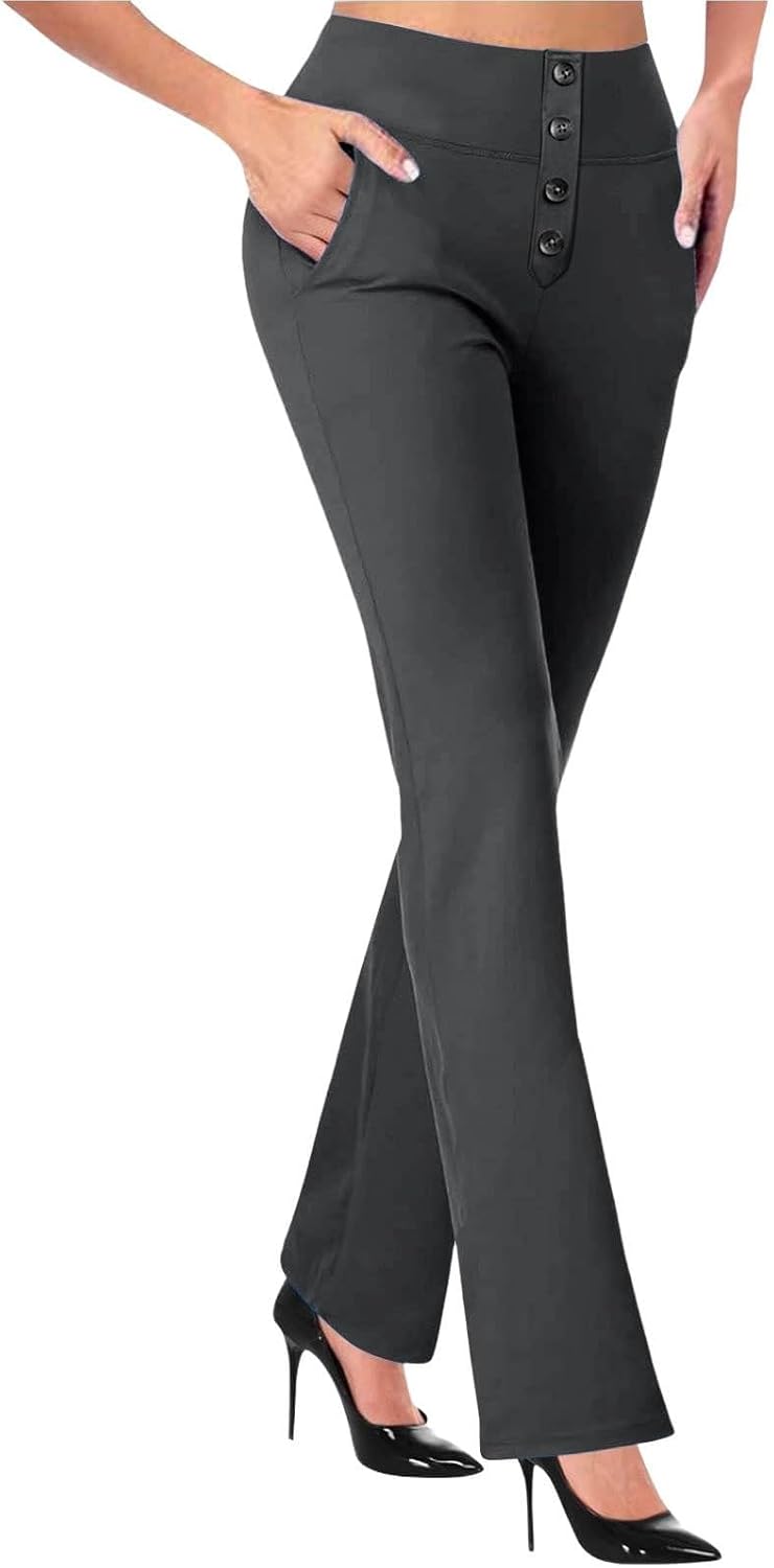 Womens Bootcut Dress Pants High Waist Stretchy Button Business Work Casual Trousers with Pockets Office Slacks