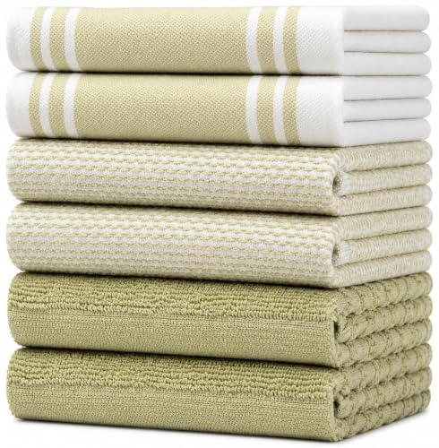 Premium Kitchen Towels (20”x 28”, 50 x 70 cm, 6 Pack) – Large Cotton Kitchen Hand Towels – Vintage Striped Flat & Terry Towel – Highly Absorbent Tea Towels Set With Hanging Loop – Sage Green