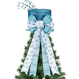 Poen Christmas Tree Topper Hat Shiny Sequins Top Hat with Bow Lengthened Ribbon Tree Topper Santa Christmas Decorations for Xmas Gift Ideas Holiday Winter Party Ornament Supplies (Lake Blue)