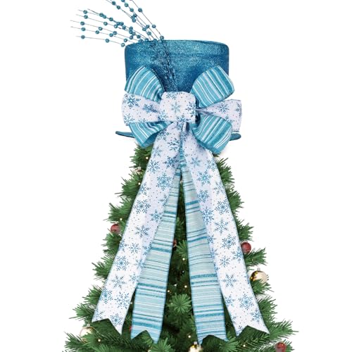 Poen Christmas Tree Topper Hat Shiny Sequins Top Hat with Bow Lengthened Ribbon Tree Topper Santa Christmas Decorations for Xmas Gift Ideas Holiday Winter Party Ornament Supplies (Lake Blue)