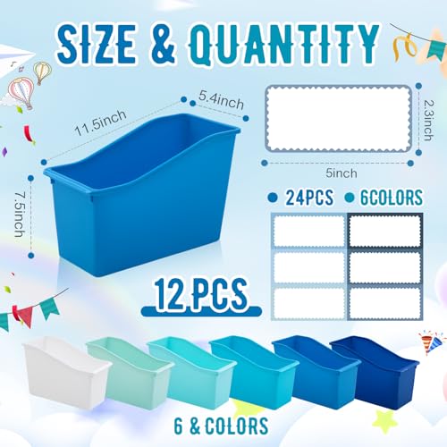 Image of Geetery 12 Pcs Plastic Book Bins for Classroom, Blue Color Scheme