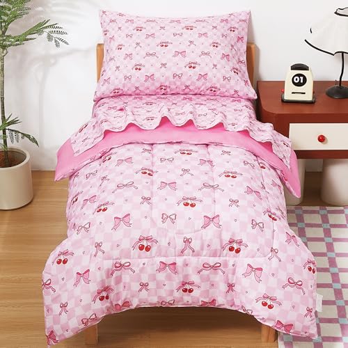 Image of lasoftan Toddler Bedding Set, Toddler Bed Comforter Sets for Girls, Toddler Bed Set, Pink Cherry Printed
