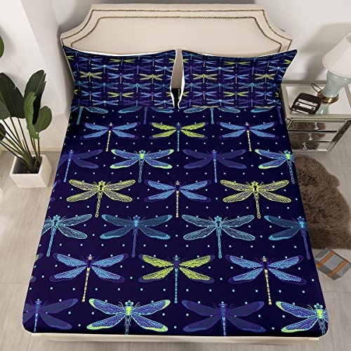 Erosebridal Dragonfly Fitted Sheet Twin Size Flying Dragonflies Bed Sheets for Kids Child,Rustic Aesthetic Animal Bedding Sets for Boys Teens Youth Trippy Exotic Wildlife Bedroom Decor Yellow Blue