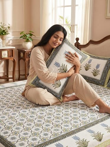 Image of Mafatlal 144 TC Sanskriti Cotton King Bedsheet | 90 x 108 Inches | Traditional Design | Smooth, Long-Lasting & Soft | 2 Pillow Covers | Formal Garden