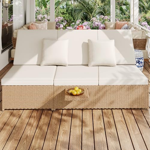 Tumbona de jardín de ratán para exteriores, sofá de ratán para exteriores, ideal para salones, balcones y jardines, resistente a la intemperie, plegable, con cojín, color blanco