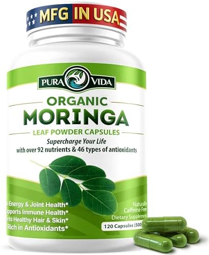 PURA VIDA MORINGA Capsules Single Origin Moringa Powder Organic. Pure Moringa Leaf. Energy, Metabolism, & Immune Support. 120ct. 500mg Caps.