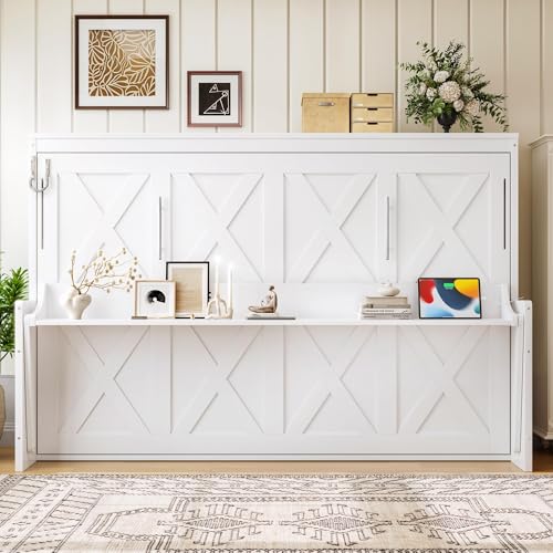 Full Horizontal Murphy Bed with Desk,LED Lights & USB Charging Station, Wood Farmhouse Murphy Wall Bed with Storage Shelves and Slats, for Bedroom,Office,Folding,Hideaway,Space-Saving (Full,White)