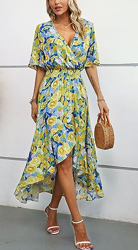 Image of Kormei Womens Short Sleeve Floral Maxi Dress High Low V-Neck Flowy Party Long Dresses