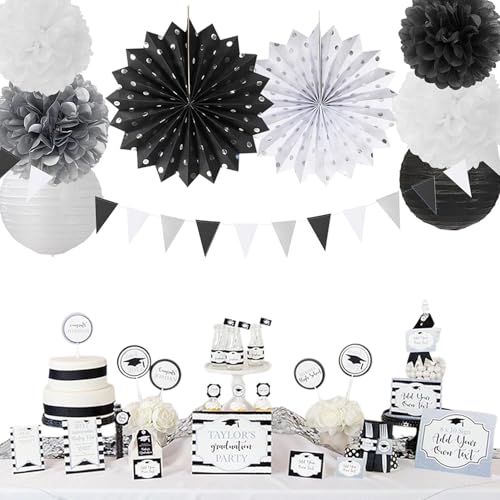 Image of Black White Silver Party Decorations - 20pcs New Year Men Birthday Paper Lanterns Fans,Tissue Pom Poms,Honeycomb Balls,Bunting,Wedding Bachelorette Bridal Graduation Baby Decor Burgleda