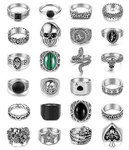 24PCS Punk Rings Set for Men Vintage Cool Gothic Rings Sliver Hippie Stacking Knuckle Ring Skull Snake Poker Rings Pack
