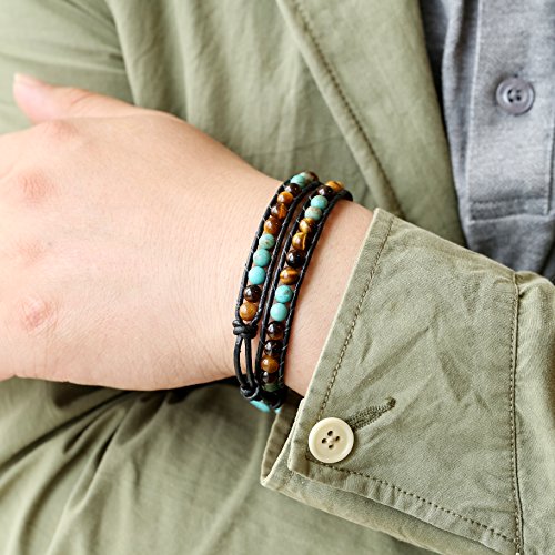 Sofybja Leather Wrap Cuff Bracelet Turtle Turquoise And Tiger Eye Beads Handmade Bangle Boho Wristband For Men Women #TOP3