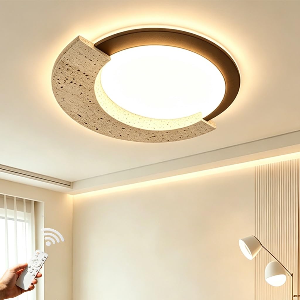 Lámpara De Techo De Piedra Huangdong De Estilo Wabi-sabi LED 52 W Lámpara De Techo Redonda Con Marco De Madera Maciza Temperatura De Color Regulable En Tres Tonos Ideal Para El Salón