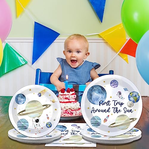 Image of 96 PCS First Trip Around The Sun Birthday Party Decorations Outer Space Themed Decorations 1st Space Birthday Dinner Paper Plates Boho Solar System Napkins Forks Sun Theme Party Favors Supplies