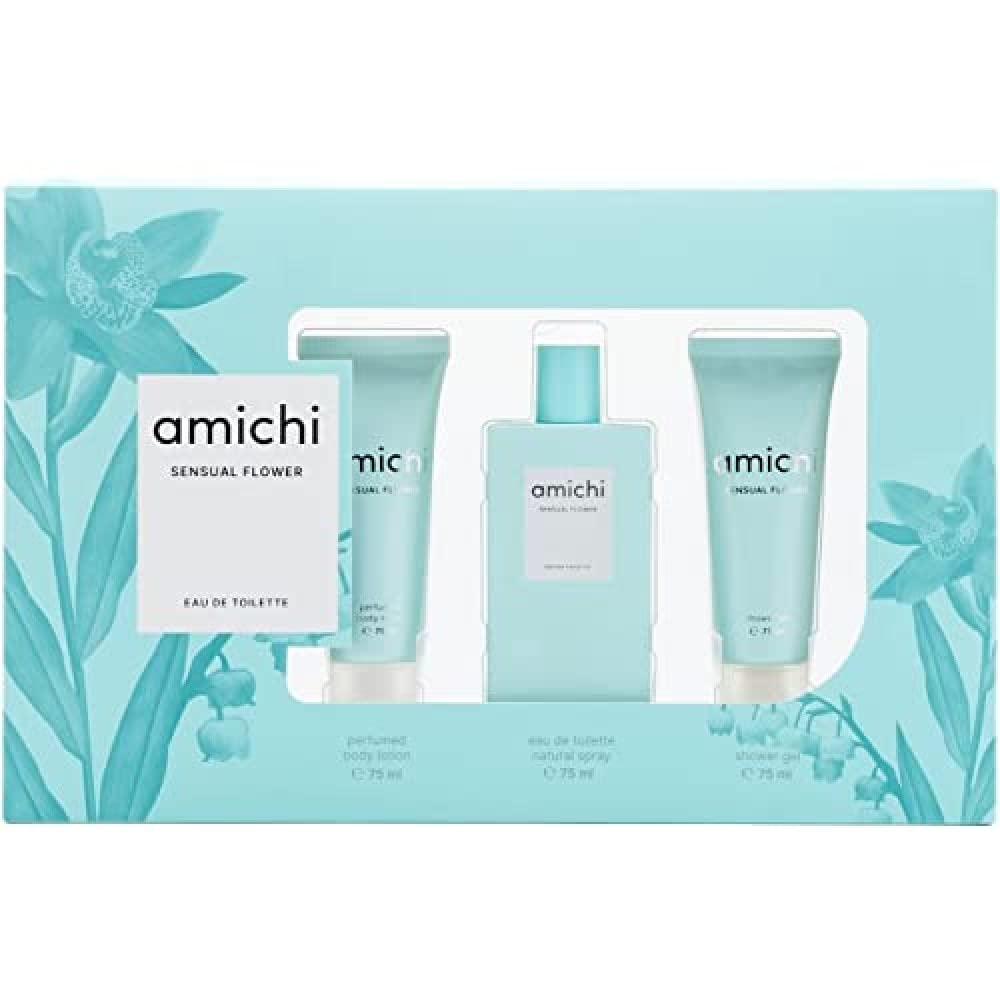 AMICHI - Sensual Flower, Estuche de Regalo Mujer, Colonia 75 ml + Gel de Baño 75 ml + Loción Corporal 75 ml, Eau de Toilette Femenina, Aroma Frutal, Fragancia Fresca y de Larga Duración