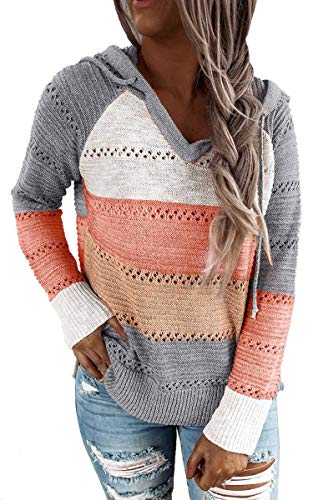 Hibluco Womens Color Block Pullover Sweater Long Sleeve Knit Drawstring Hoodie Gray