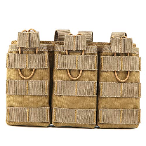 Tactical MOLLE Double/Triple Stacker Open-Top Mag Pouch for M16 AK47Type Rifle Bungee Straps Magazine Pouch Military Vest Accessories Bag(Khaki)