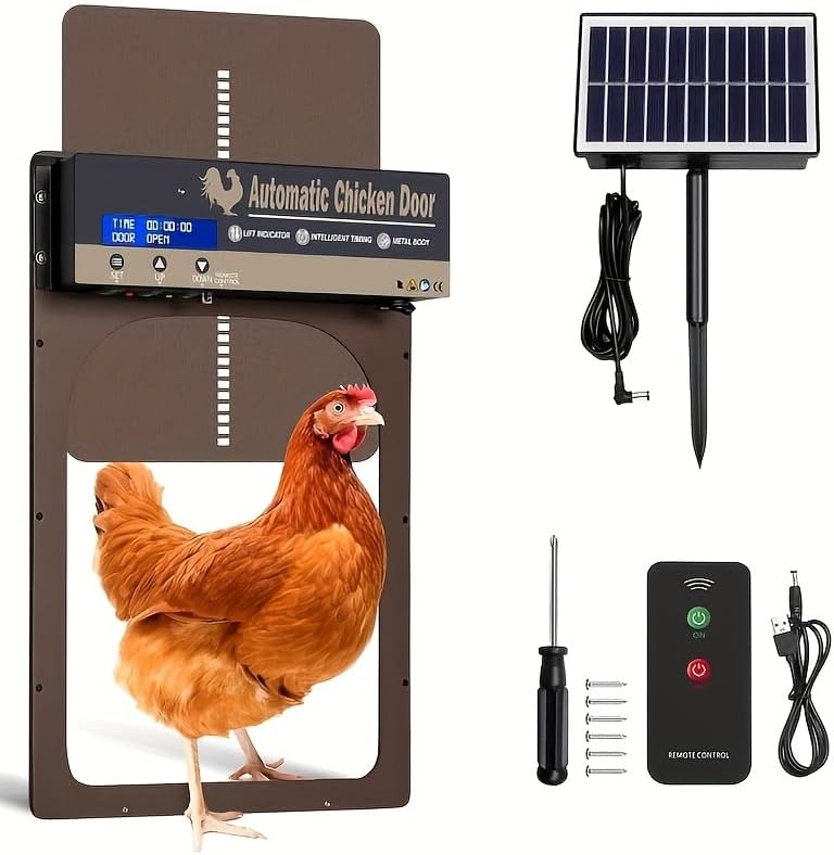 Automatic Chicken Coop Door Solar Powered, IP65 Waterproof Aluminum Auto Chicken Door with Timer Light Sensor Remote Control, Anti-Pinch Protection, LCD Display, 3 Power Modes for Poultry Duck Goose