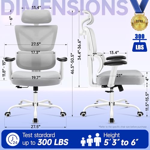 Image of Ergonomic Office Chair, High Back Mesh Computer Chair with Comfortable Adaptive Lumbar Support, Built-in Coat Hanger, SGS Class 4 Gas Lift, Heavy Duty 300lbs for Long Hours Home Office