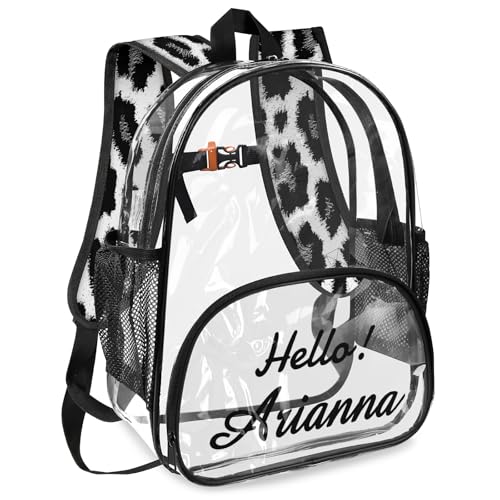 White and Grey Leopard Print Personalized Small Clear Backpack Heavy Duty for Stadium Approved Custom Cheetah PVC Transparent Backpack with Name See Through Bag for Concerts2