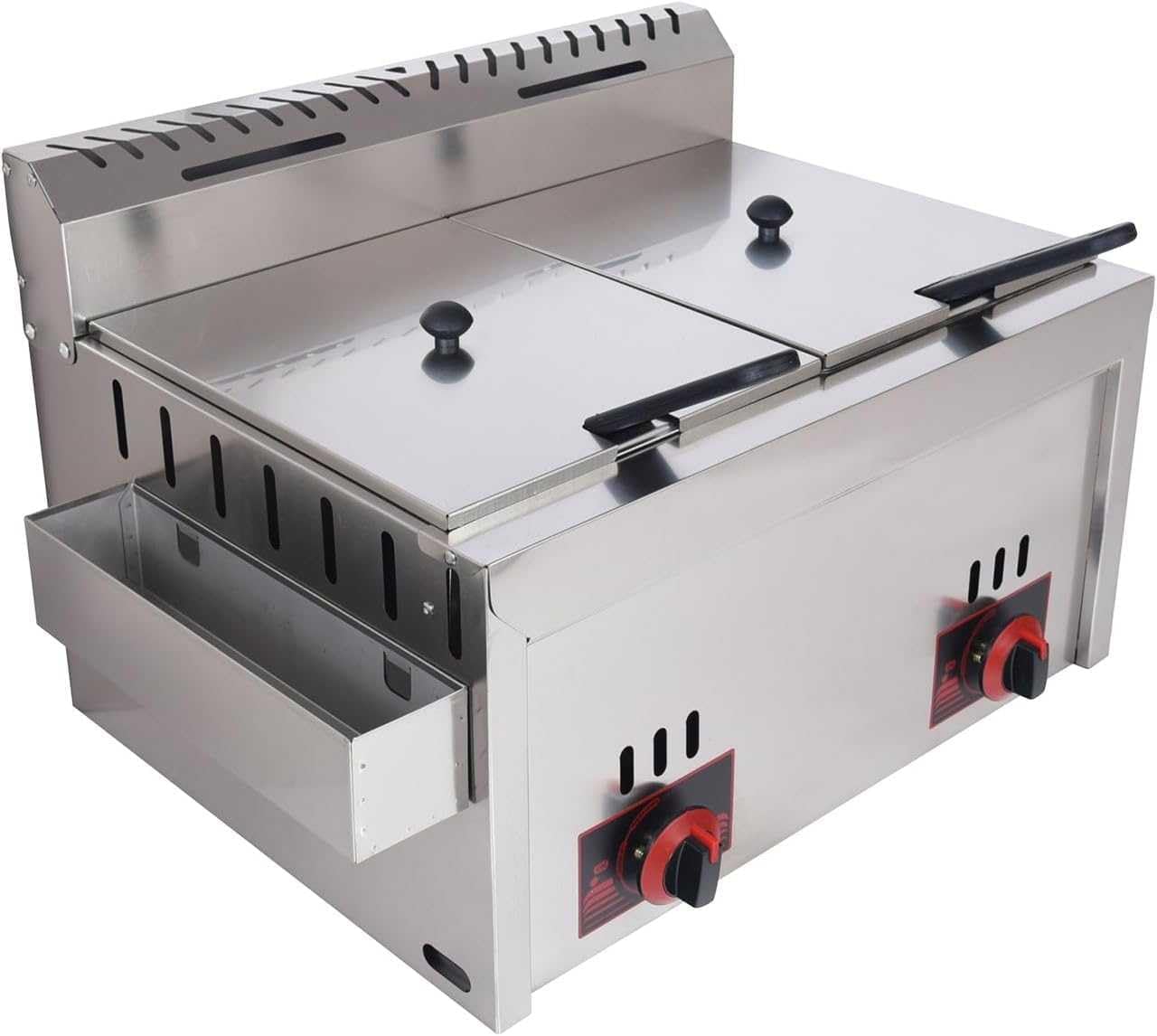 Friggitrice professionale a gas con serbatoio in acciaio inox, 10 l x 2, cottura efficiente, ideale per ristoranti di famiglia, include 2 cestelli