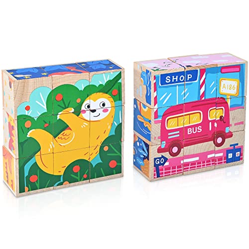 Sciphylia Puzzle en Bois Cube Bloc de Construction Tout-Petit 6 en 1 Montessori Jouets pour 3 4 5+ Ans Garçons Filles 2 Pièces Préscolaire Apprentissage Éducatif Jouet pour Enfants Animaux + Transport Cover