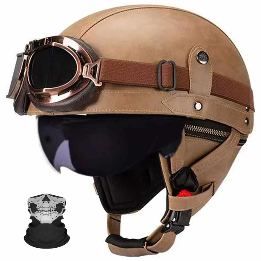Kask motocyklowy w stylu retro, ze skóry PU, ECE 22.06, lekka powłoka ABS, zdejmowana wyściółka wewnętrzna, z okularami i osłoną twarzy, klamra szybkiego zwalniania, unisex, do miejskich i wiejskich