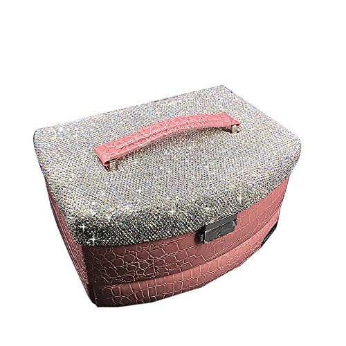 PU Leather Jewelry Display Box Organizer Tray Lockable Makeup Storage Case with Mirror(Pink Pu-White Bling)