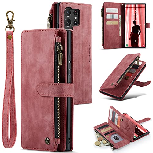 Coque portefeuille Galaxy S23 Ultra en cuir fait main avec béquille rouge