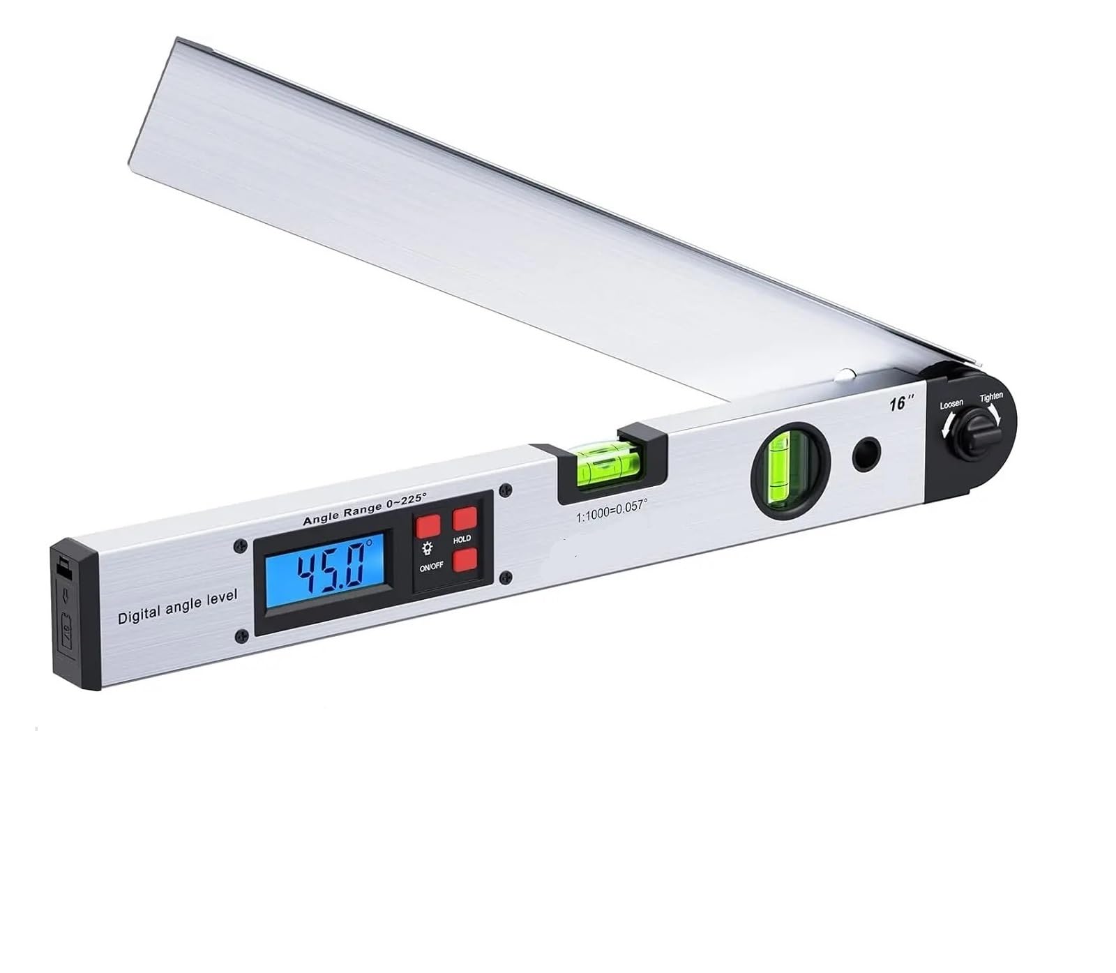 Bnvewr One Color Digital Angle Finder, Aluminum Digital Angle Finder Protractor 225° 16 Inch Backlit Lcd With Horizontal And Vertical Bubble Silver,Inclinometer