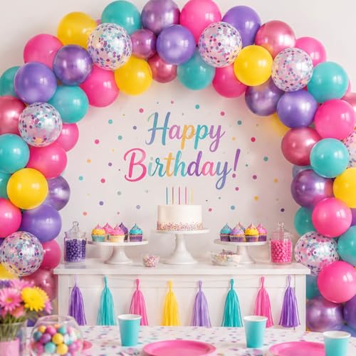 Image of Purple Pink Blue Confetti Balloon, Birthday Balloons Party Decorations- 12in Hot Pink Metallic Purple Teal Blue Yellow Latex Balloons Bulk 56Pcs for Dollhouse Kpop Kitties Colorful Magic Party Theme