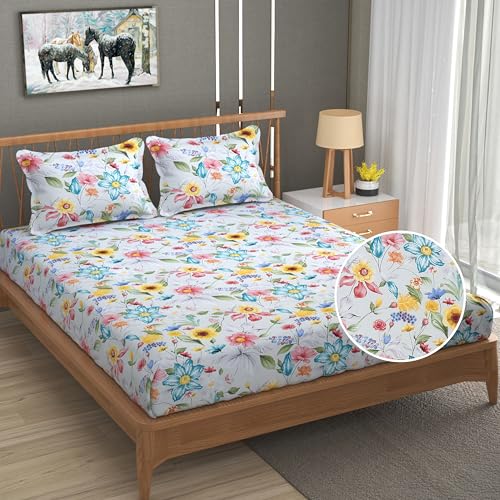 FRESH FROM LOOM Microfiber Soft Cotton Bedsheet for Double Bed |240 TC Queen Size Bed Sheet with 2 Pillow Cover | Hypoallergenic Bedsheet| Anti Fade Printed Bed Cover (100x100 inch, Rainbow-Flower)